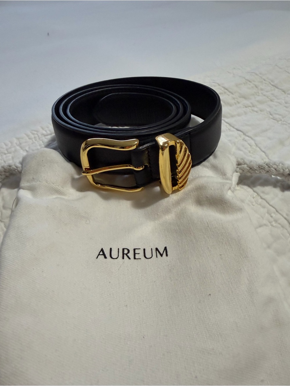 AUREUM Black Leather Belt with Gold Leaf Accent